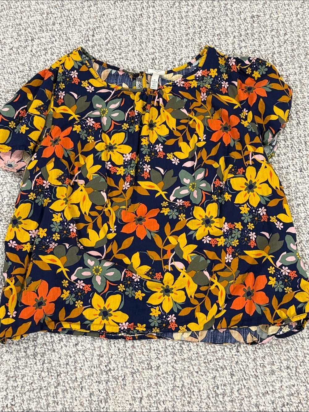 St. John's Bay Navy Floral Short-Sleeve Blouse with Mustard & Orange